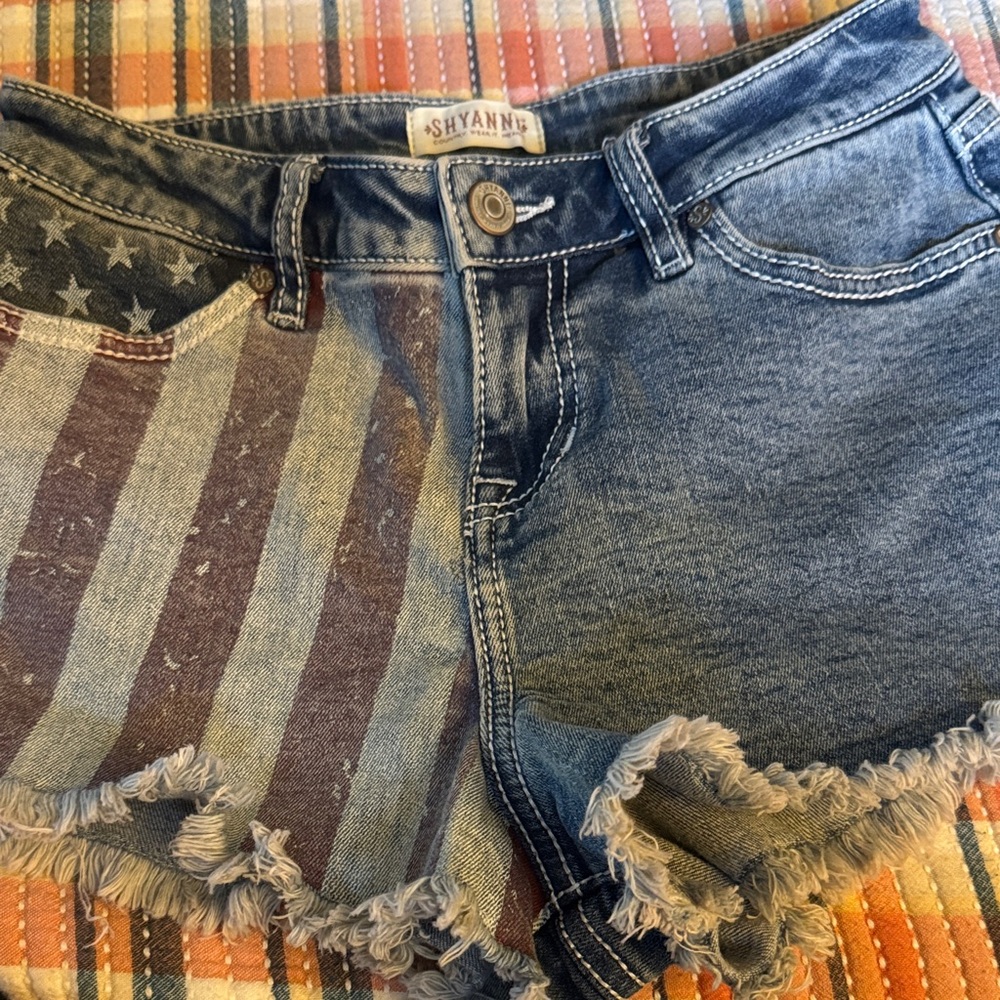 Shyanne Distressed Americana Denim Cutoff Shorts - Blue, Red